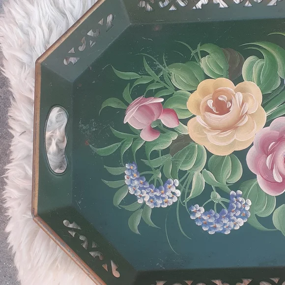 VINTAGE PINK ROSES FLORAL TOLE SERVING TRAY / Display WALL DECOR